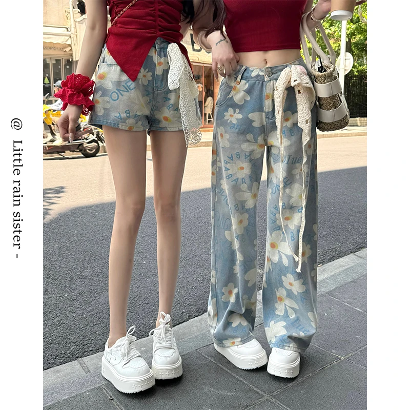小雨姐姐新【花卉印花系列】高腰宽松花朵印花牛仔阔腿裤/高腰热裤