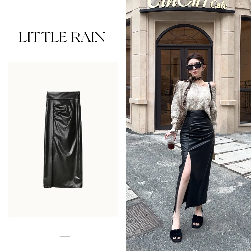 小雨姐姐新款【黛墨皮裙】气质高腰抽褶修身侧开叉中长款包臀皮裙