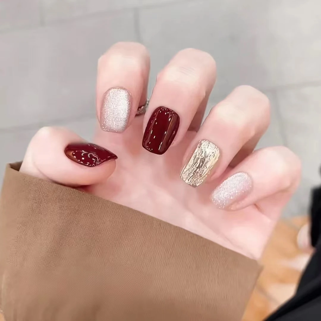 【港风美人】纯手工穿戴甲车厘子红猫眼穿戴甲美甲贴片0211