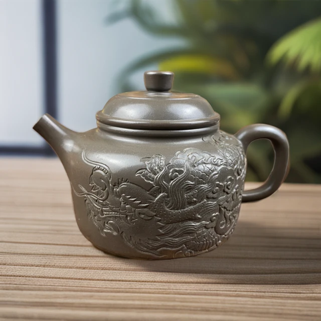 广西坭兴陶茶具 德中壶 雕刻龙约 150cc 全手工制作原矿紫泥茶壶