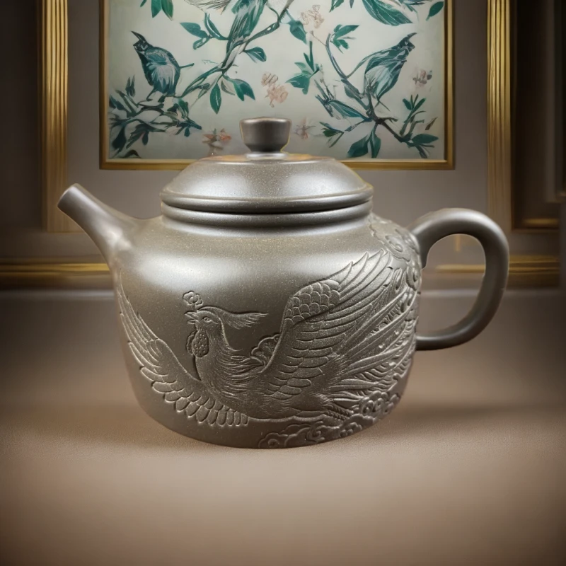 广西坭兴陶茶具 德中壶 雕刻凤约 170cc 全手工制作原矿紫泥茶壶