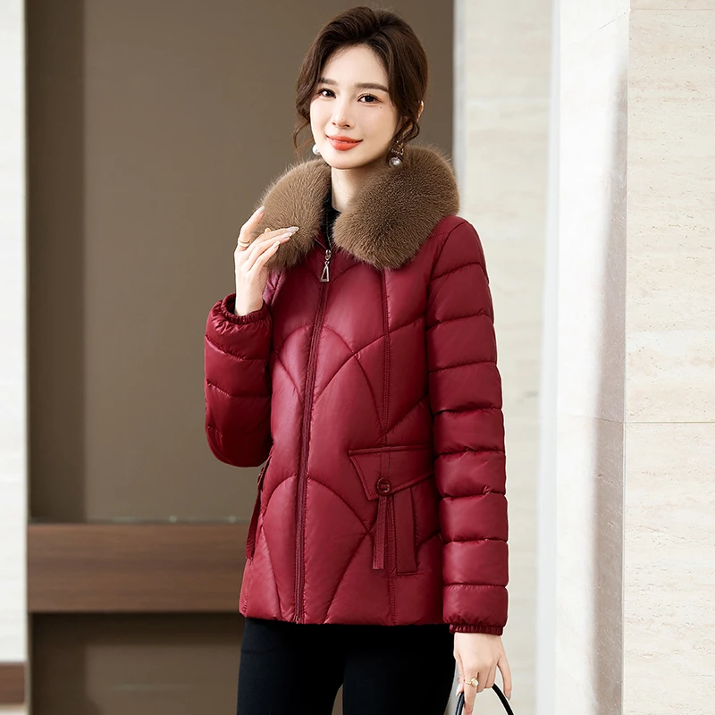 2024时尚百搭女士保暖修身新款新中式毛领PU棉服9870Y