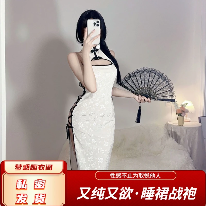 跨年战袍个性睡裙性感少女大码纯欲复古旗袍绑带气质显约会战袍