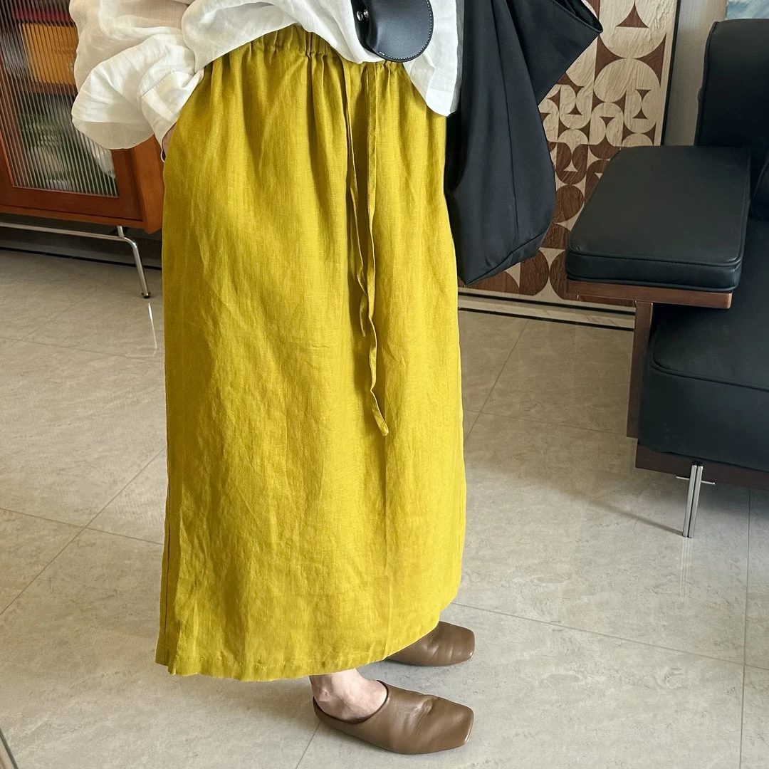 qiqi/琦琦推荐 高品质松紧腰极简气质款全亚麻韩版彩色半身裙百搭