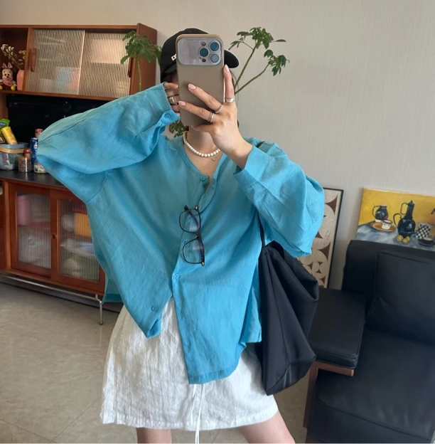 qiqi/琦琦新款韩国天丝苎麻轻薄透气前后可穿扣子防晒长袖衬衫