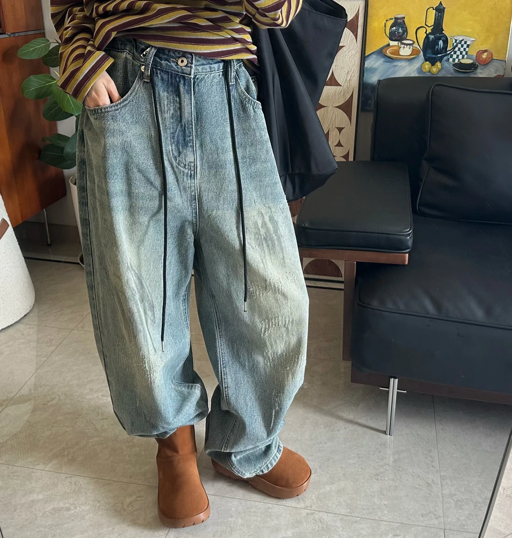 qiqi/琦琦推荐 调性裤宽松百搭水洗牛仔调节腰阔腿牛仔脏脏裤
