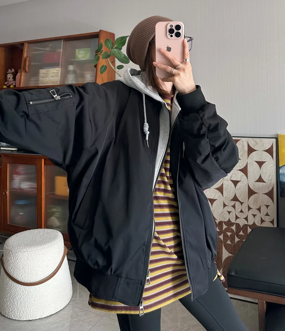 qiqi/琦琦推荐 欧货宽松休闲假两件套连帽拼接冲锋衣夹克外套