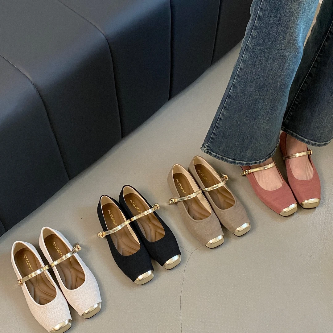 方头浅口单鞋女2024早春新款韩版百搭平底鞋一字扣玛丽珍鞋女鞋子