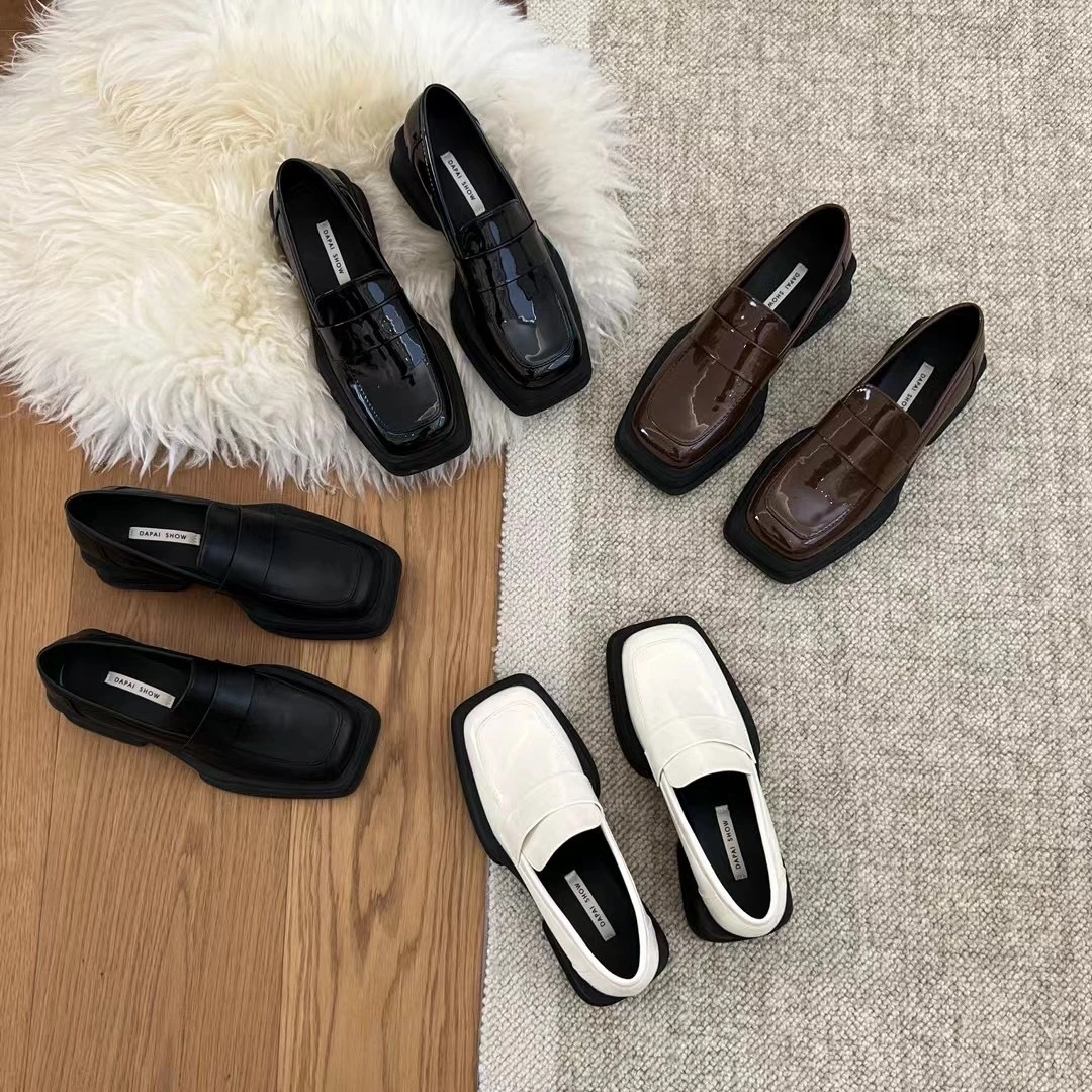 韩版简约乐福鞋女英伦风粗跟方头小皮鞋复古百搭休闲软底一脚蹬