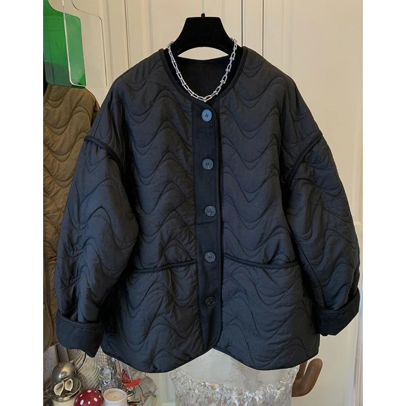 高级感气质圆领棉服棉衣宽松百搭夹棉外套上衣女2024秋冬新款大码