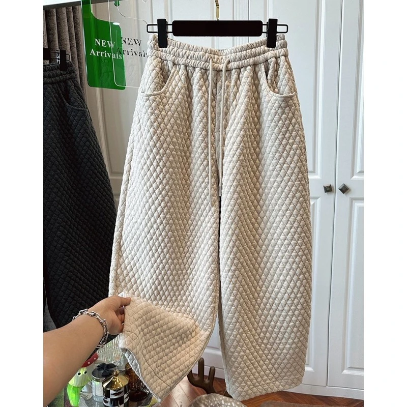 复古日系菱格夹棉九分休闲裤女哈伦裤显瘦宽松香蕉裤2024冬季新