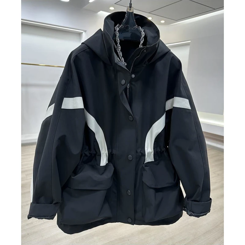 欧货高端收腰显瘦拼接撞色冲锋衣外套女2023新款休闲宽松风衣夹克