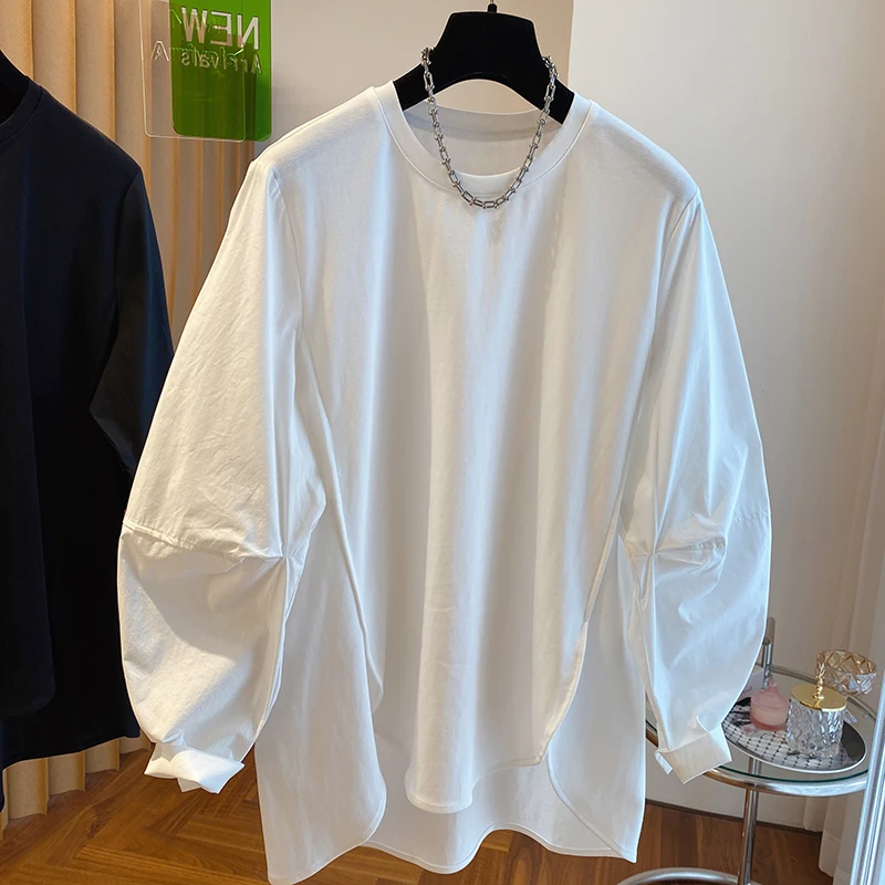 韩系设计感小众宽松拼接前短后长袖t恤女春季薄款圆领打底衫上衣