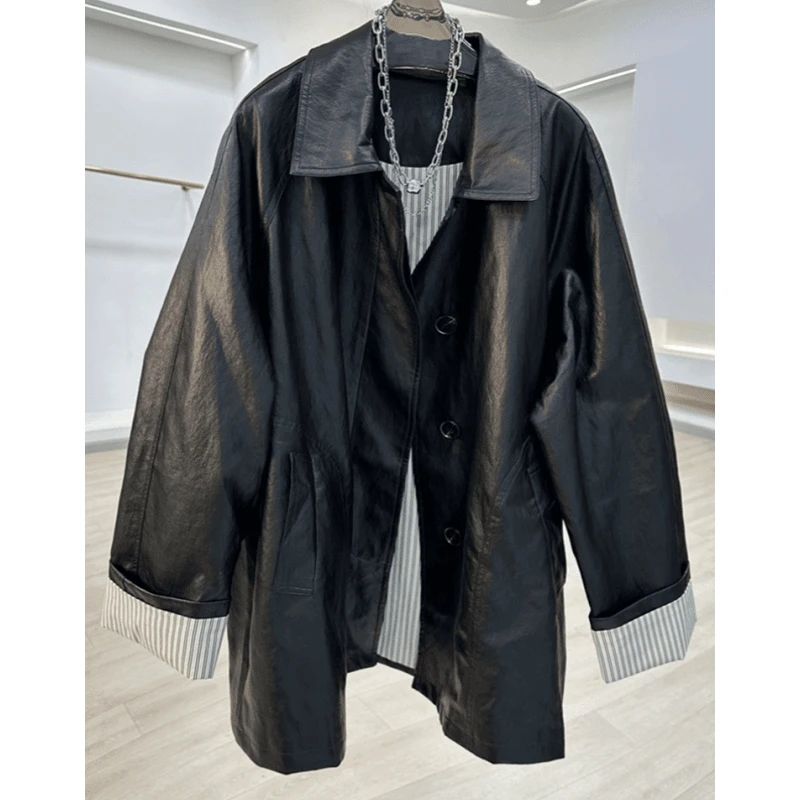 欧货高级感休闲宽松皮衣夹克外套女2024秋装新款条纹翻边pu皮风衣