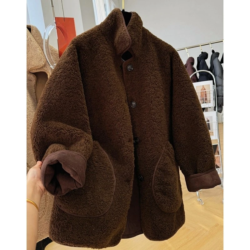 高级感超好看韩系翻领宽松中长款毛茸茸外套女冬季颗粒绒皮毛一体