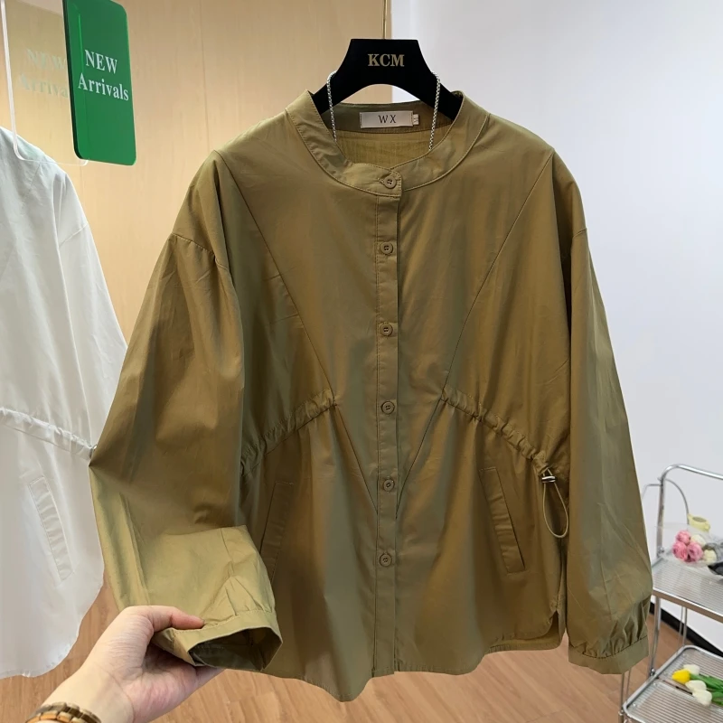 立领衬衫女2023秋季新款复古设计感小众抽绳褶皱上衣宽松长袖衬衣