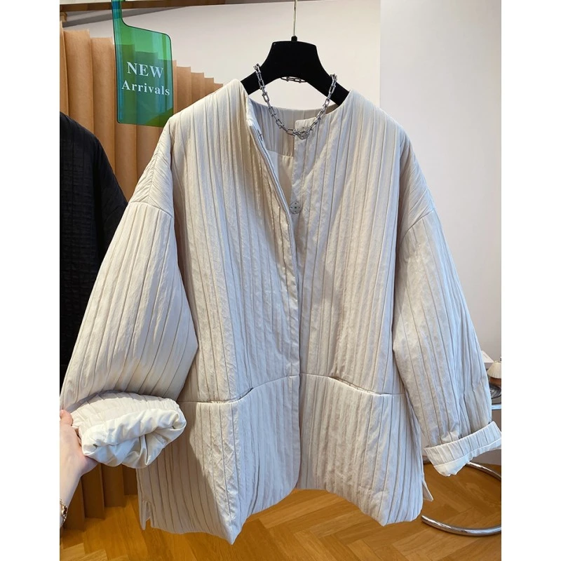 日系高级感轻薄棉服女冬季2024新款宽松大版显瘦无领夹棉棉衣外套