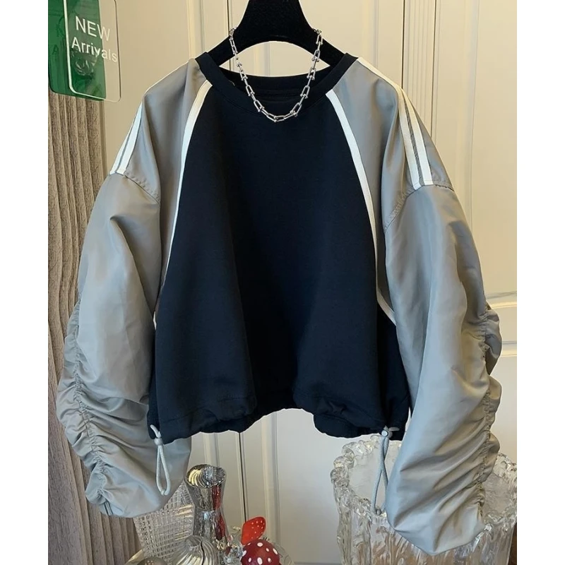 欧货高端大版宽松拼接撞色插肩袖卫衣女春秋美式短款抽绳收腰上衣