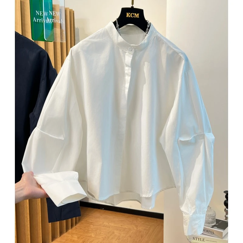 2024春秋新款宽松别致极简气质立领上衣高级感欧货白色长袖衬衫女