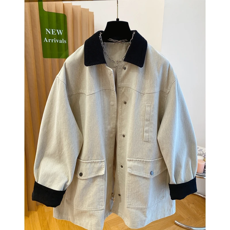 翻领拼接工装风衣女中长款2024新款秋装韩版宽松时髦洋气大衣外套