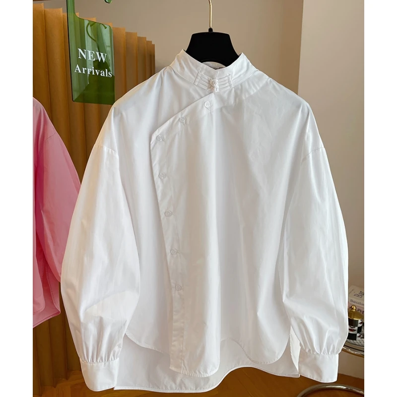 2024新款高级感超好看新中式轻国风立领盘扣衬衫女粉色设计感上衣