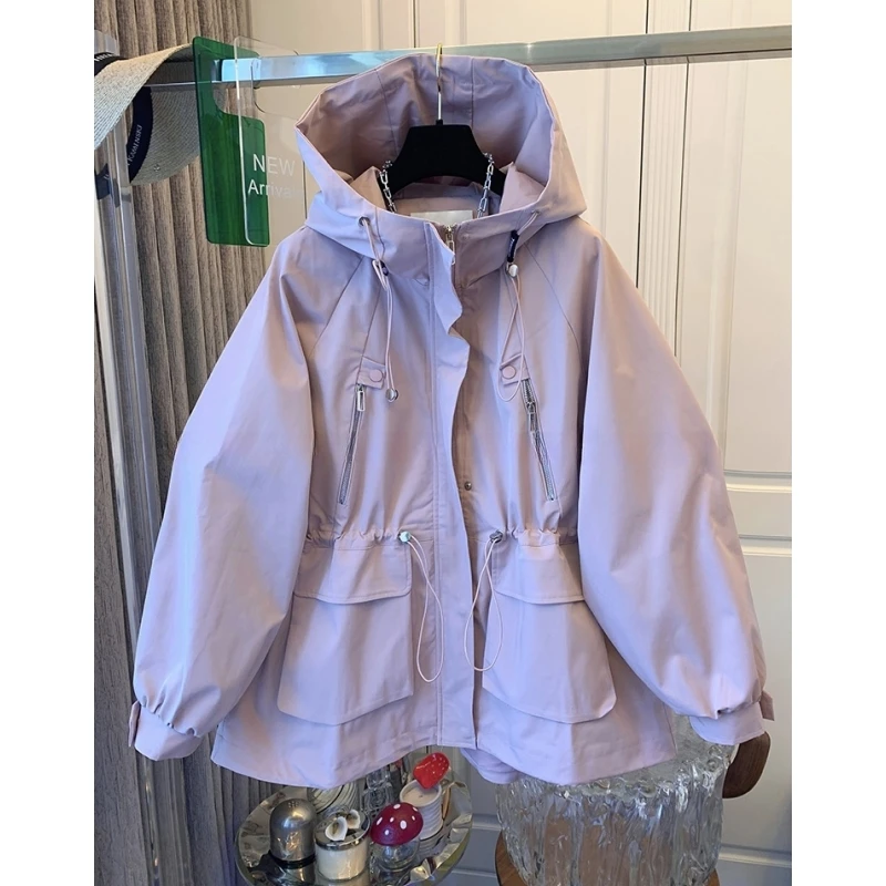 2024秋装高级感休闲运动拉链连帽工装风衣冲锋衣宽松时尚中长外套
