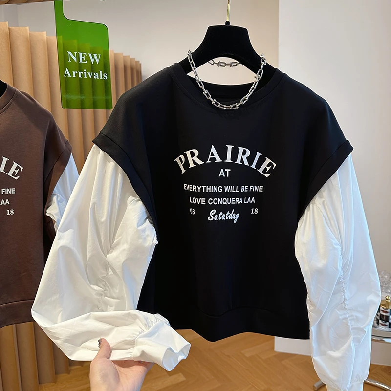 韩系叠穿设计感小众宽松休闲卫衣马甲背心拼接衬衫假两件上衣女秋
