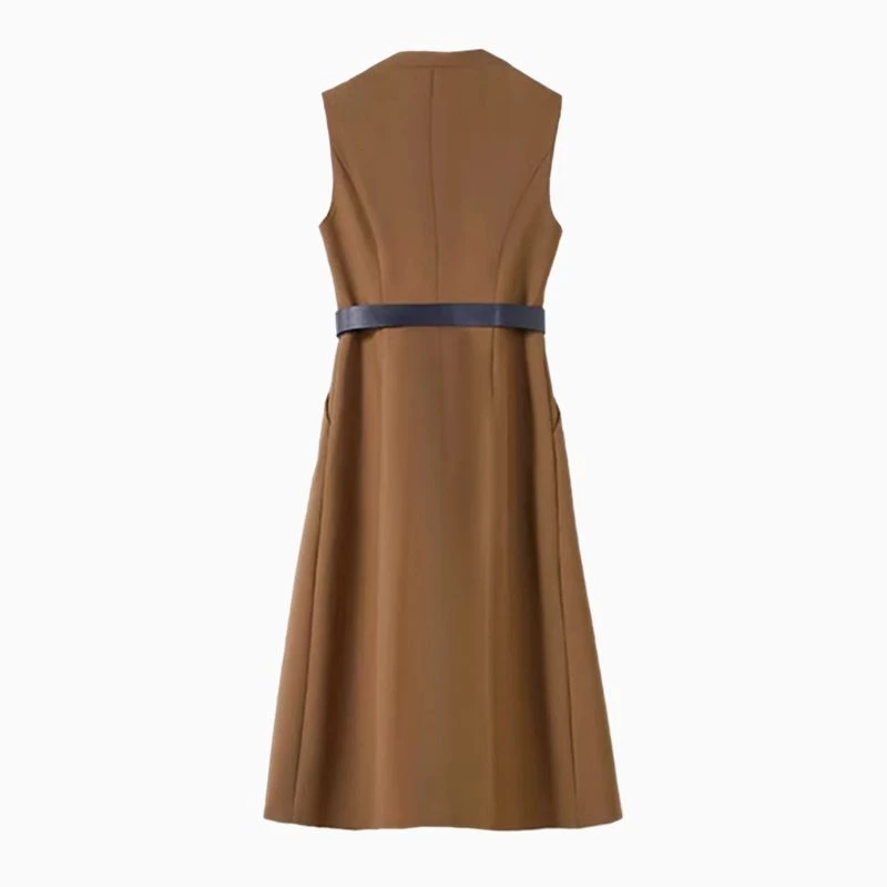 7624早秋新款连衣裙无袖V领叠穿腰带收腰V领马甲裙长款高级感裙子