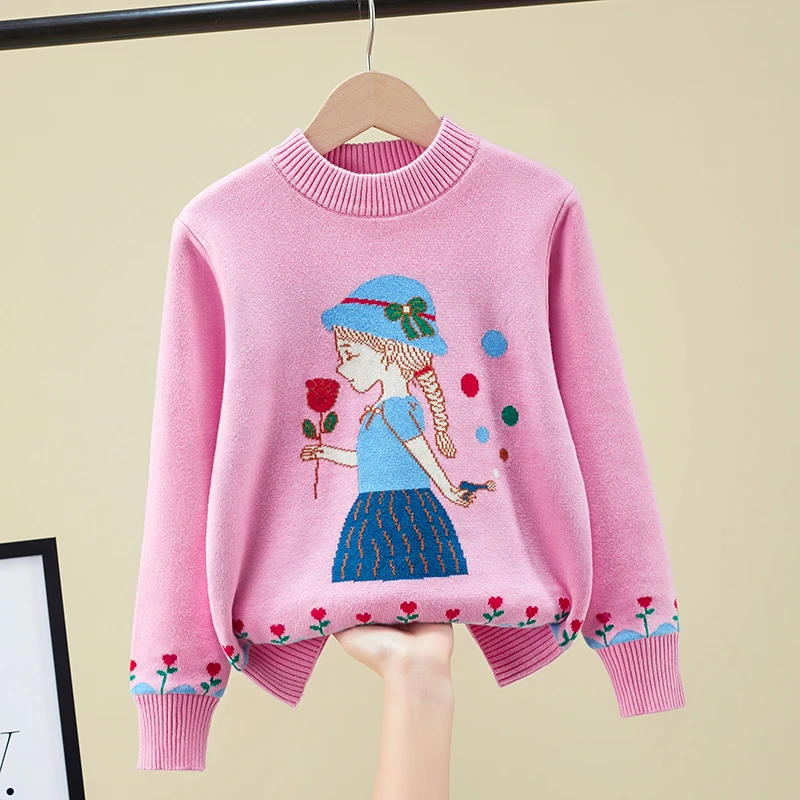 女童毛衣套头秋冬2024新款洋气儿童纯棉加绒加厚针织打底衫中大童