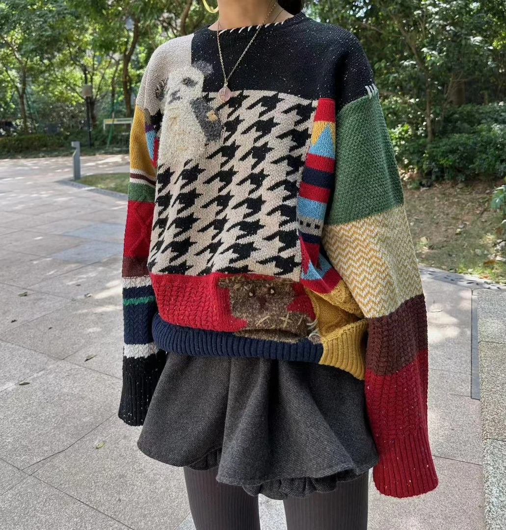 BUZH2024秋季设计师款拼接撞色熊猫提花圆领毛衣