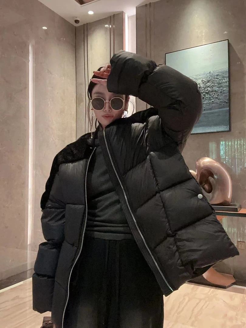 BUZH冬季新款加厚保暖拼接羊剪绒中长款羽绒服白鹅绒羽绒服