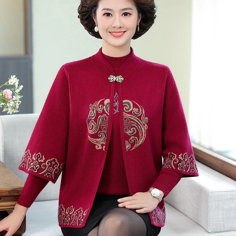 秋冬新款中老年毛衣两件套绣花洋气旗袍领福字开衫 妈妈装 针织衫