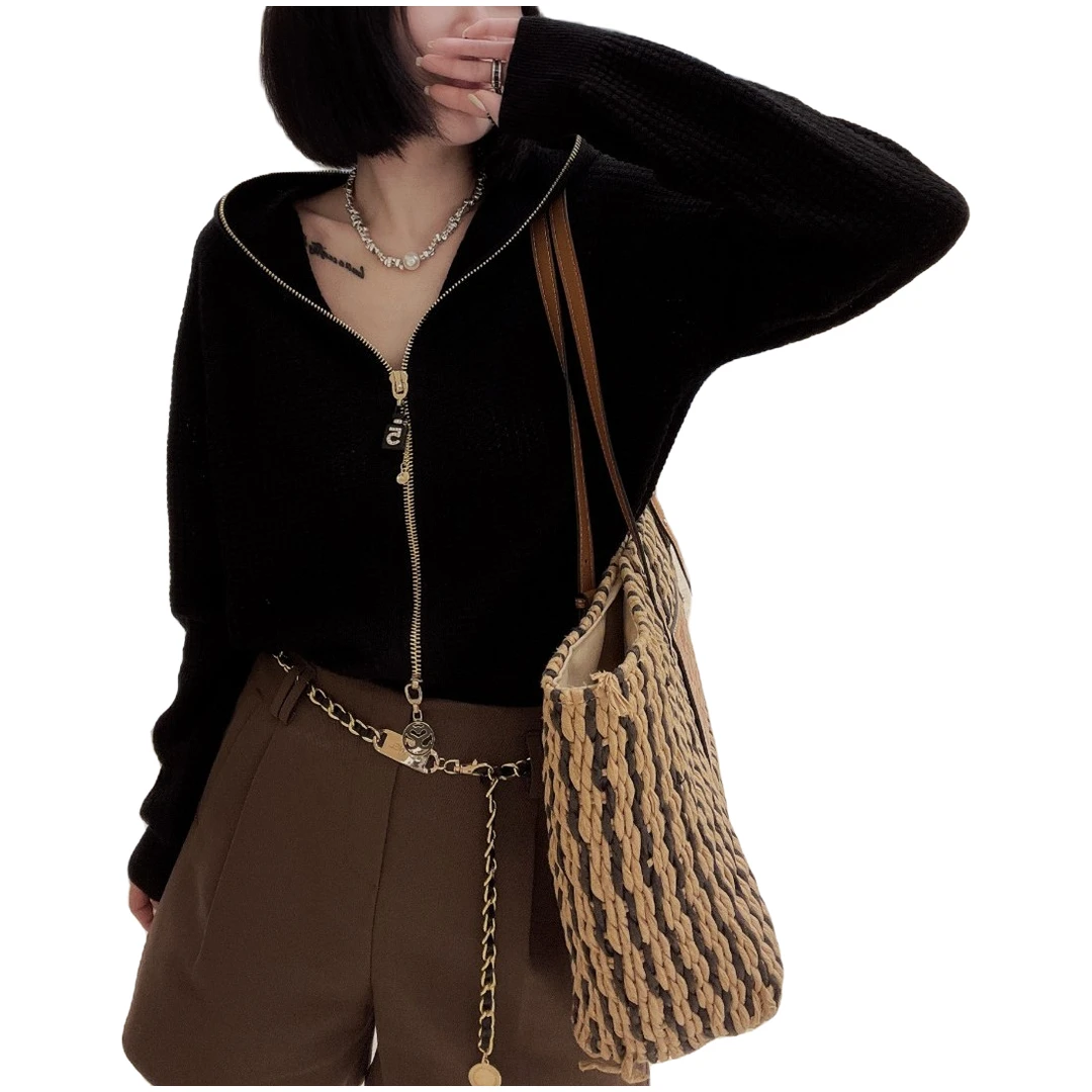 简约显瘦秋季百搭长袖拉链开衫连帽毛衣休闲上衣时尚韩版针织衫