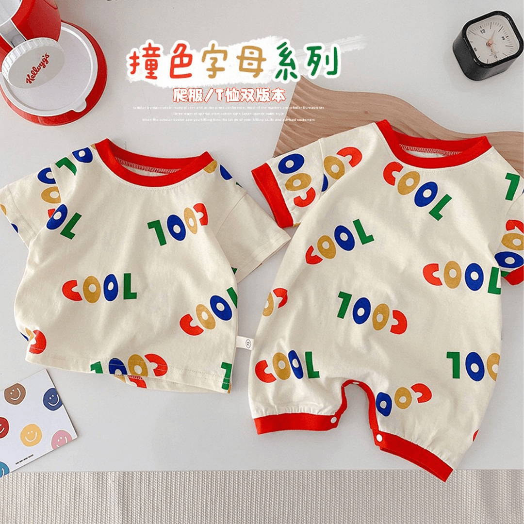 【婴儿纯棉连体衣】宝宝彩色卡通字母哈衣爬服夏装新款短袖薄款科学