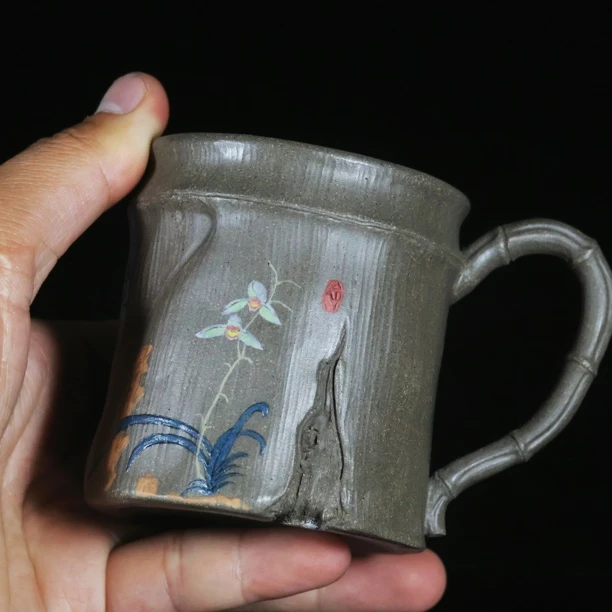 宜兴紫砂主人杯纯手工品茗杯手绘竹节杯把杯，容量180-200cc