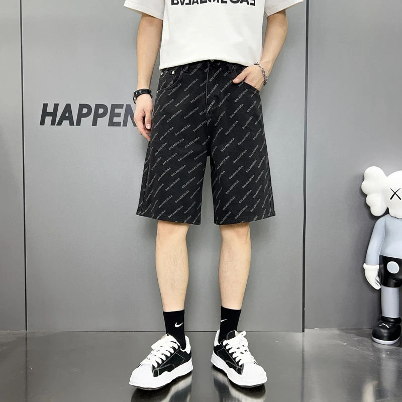 美式高街印花水洗时尚男士短裤牛仔裤男装百搭宽松潮流韩版短裤