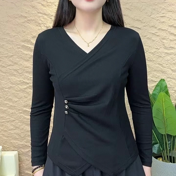 2024秋季新款女打底衫洋气减龄百搭遮肉显瘦弹力v领长袖不规则