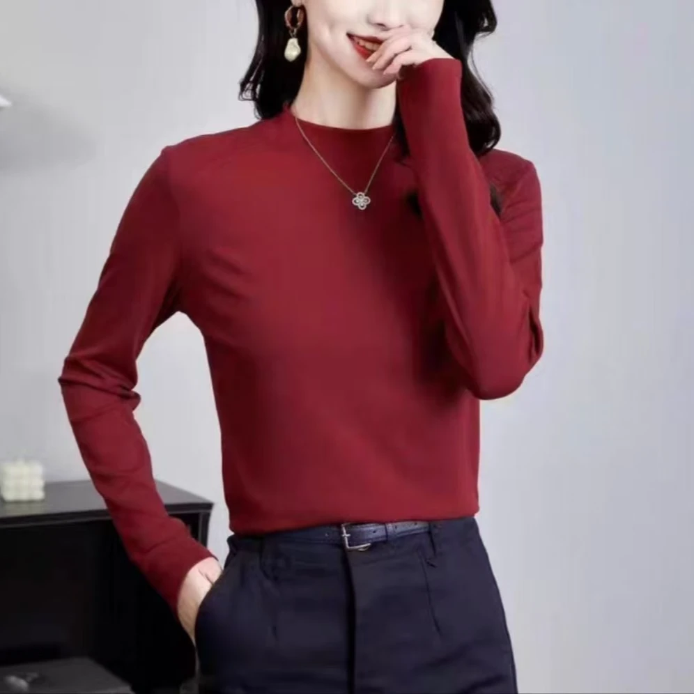 冬季时尚百搭女士修身纯色保暖长袖加绒半高领打底衫