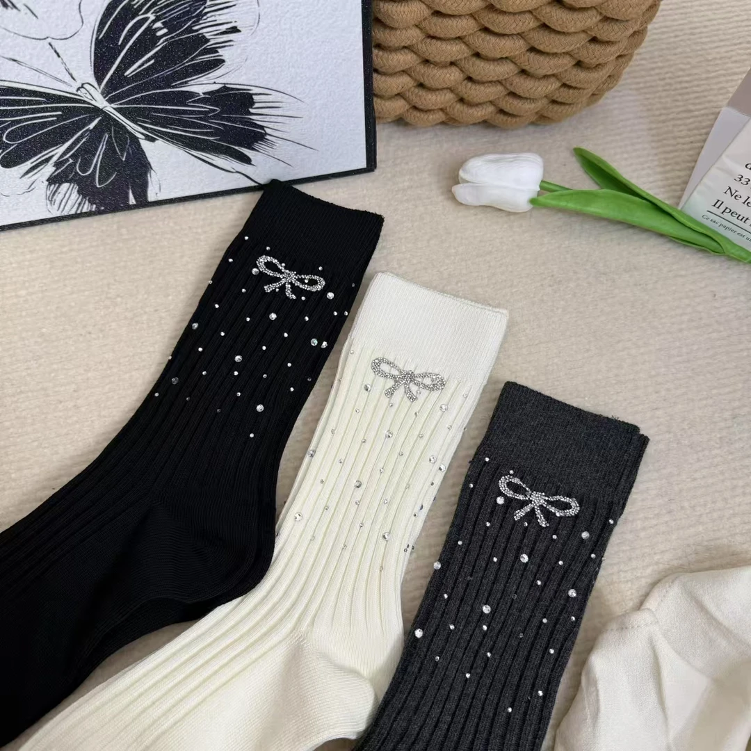 满天星秋冬重工欧货饰品堆堆棉袜袜子蝴蝶结洋气个性百搭中筒ins