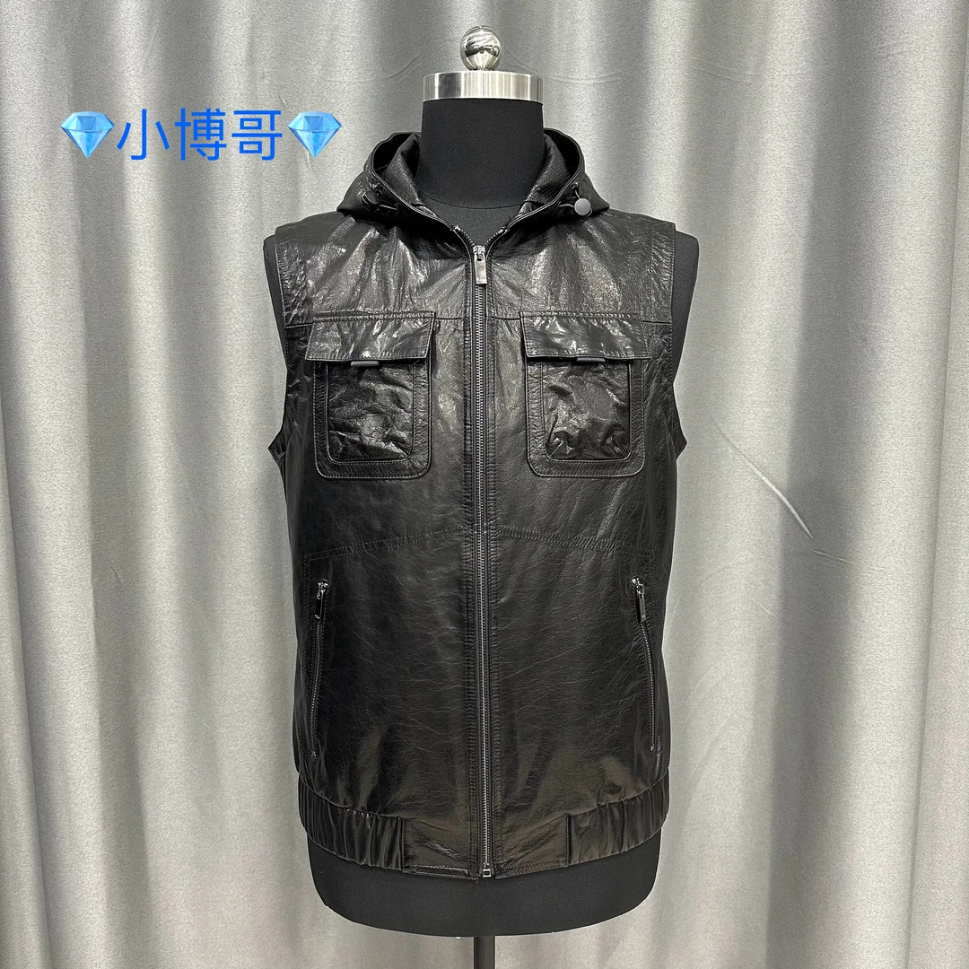 男士牛皮油蜡连帽马甲外套男款春秋时尚休闲百搭