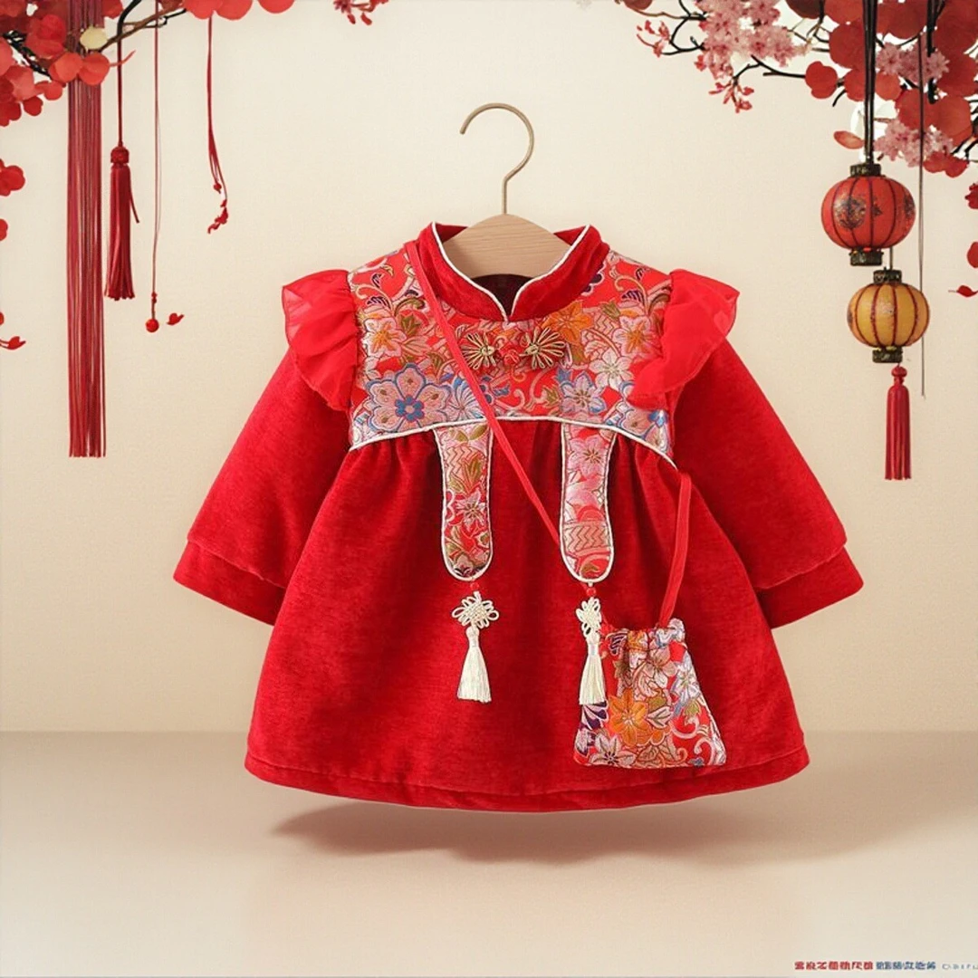 女童秋冬加绒红色连衣裙新款婴儿抓周服小宝宝百日宴厚款生日礼服