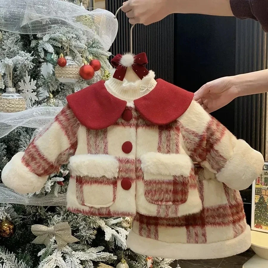 女童加绒格子套装洋气秋冬2025小宝宝加厚外套裙子可爱冬装公主裙