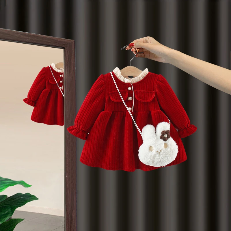 女童冬装加绒连衣裙2024新款婴儿小宝宝厚款红色喜庆拜年服公主裙