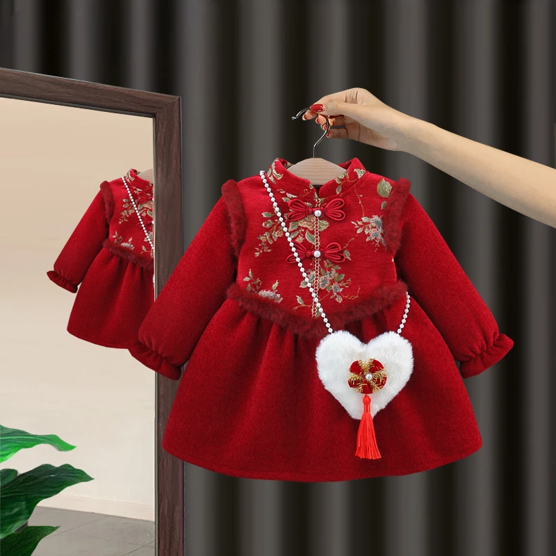女童加绒裙秋冬季2025新款婴儿童厚款拜年服小女孩红色周岁连衣裙