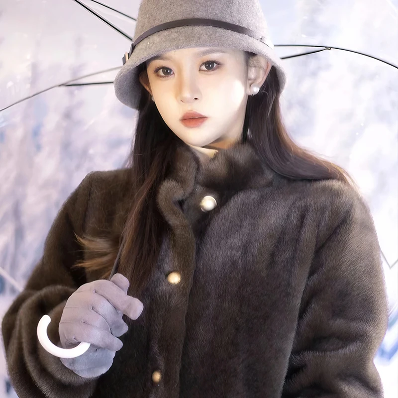毛毛外套皮毛一体外套女2024新款中长款气质老钱风环保中古貂女款