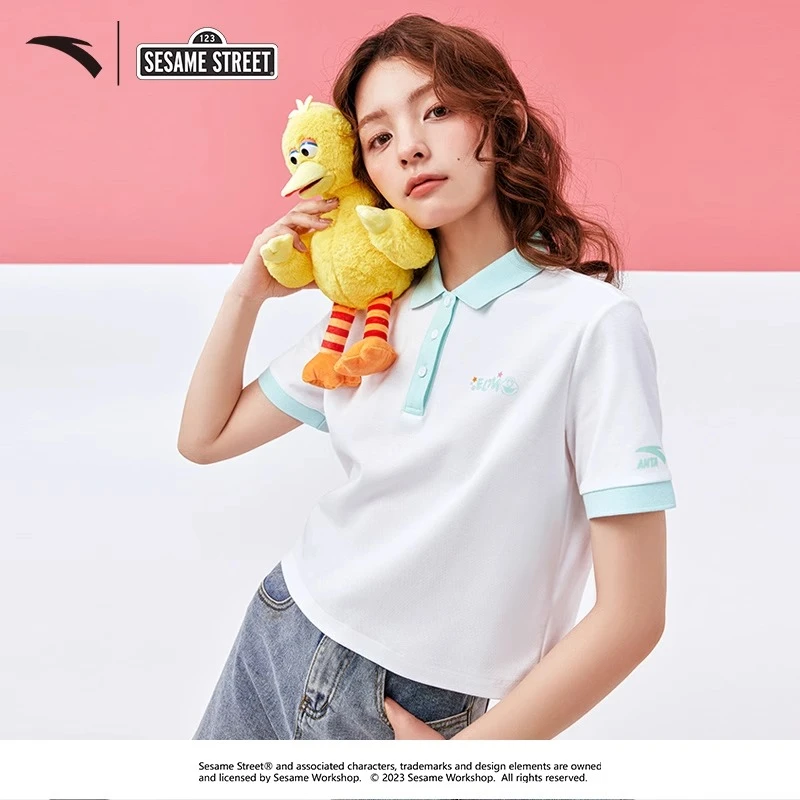 安踏芝麻街联名款纯棉夏季新款短袖POLO衫女士韩版休闲百搭针织衫