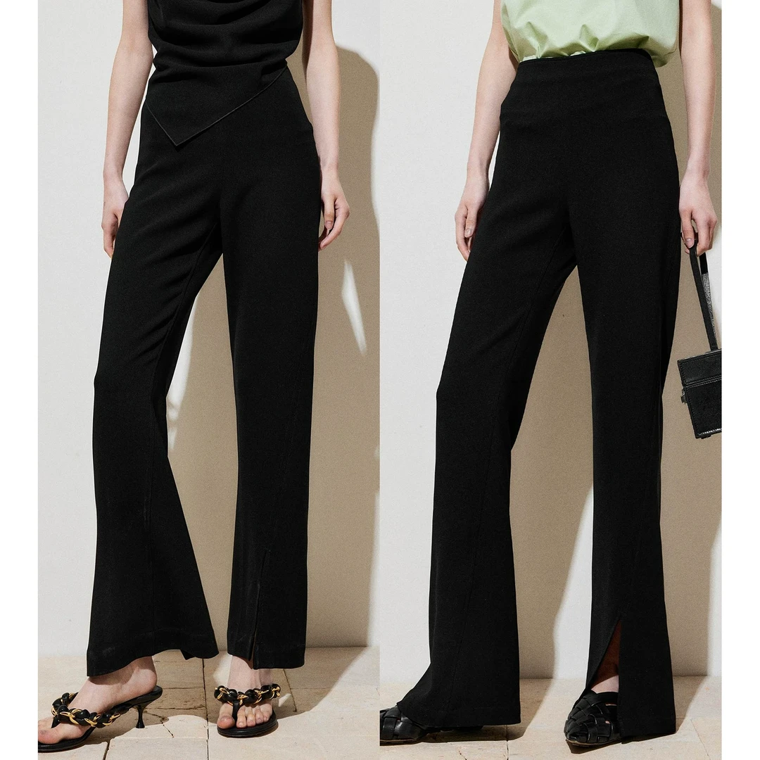 MRS Studios進口三醋酸脚口不对称单边开叉长腿显瘦及地裤黑