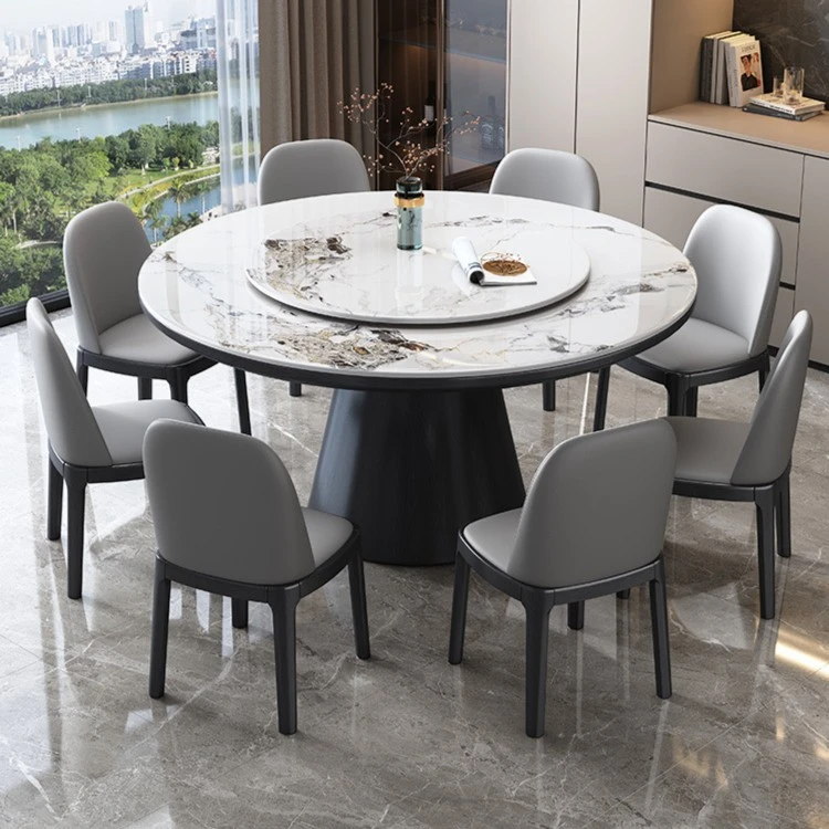 圆桌实木岩板轻奢餐桌组合现代简约家用饭店带转盘餐厅吃饭桌子