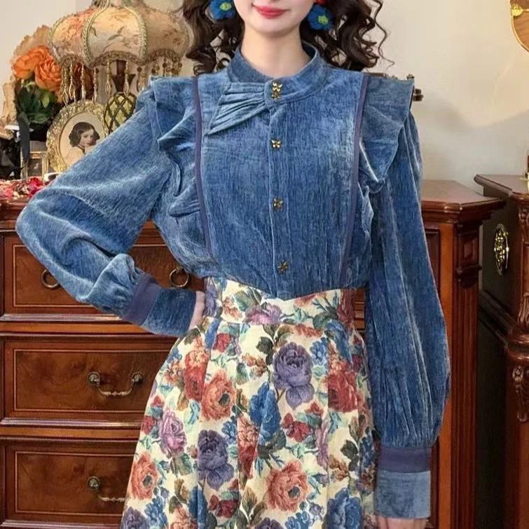 500丝绒法式立领荷叶边盘扣衬衫设计感小众重工国风上衣