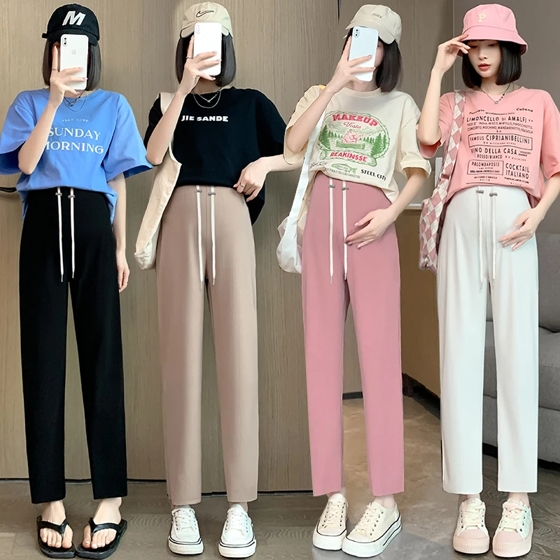 孕妇裤子外穿夏季冰丝薄款宽松大码直筒裤小个子无托腹抽绳